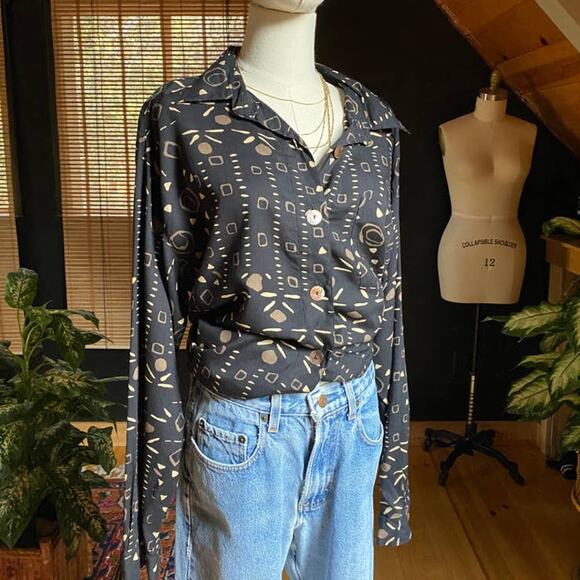 Vintage Mod Graphic Button Down Shirt  black brown - Picture 2 of 10